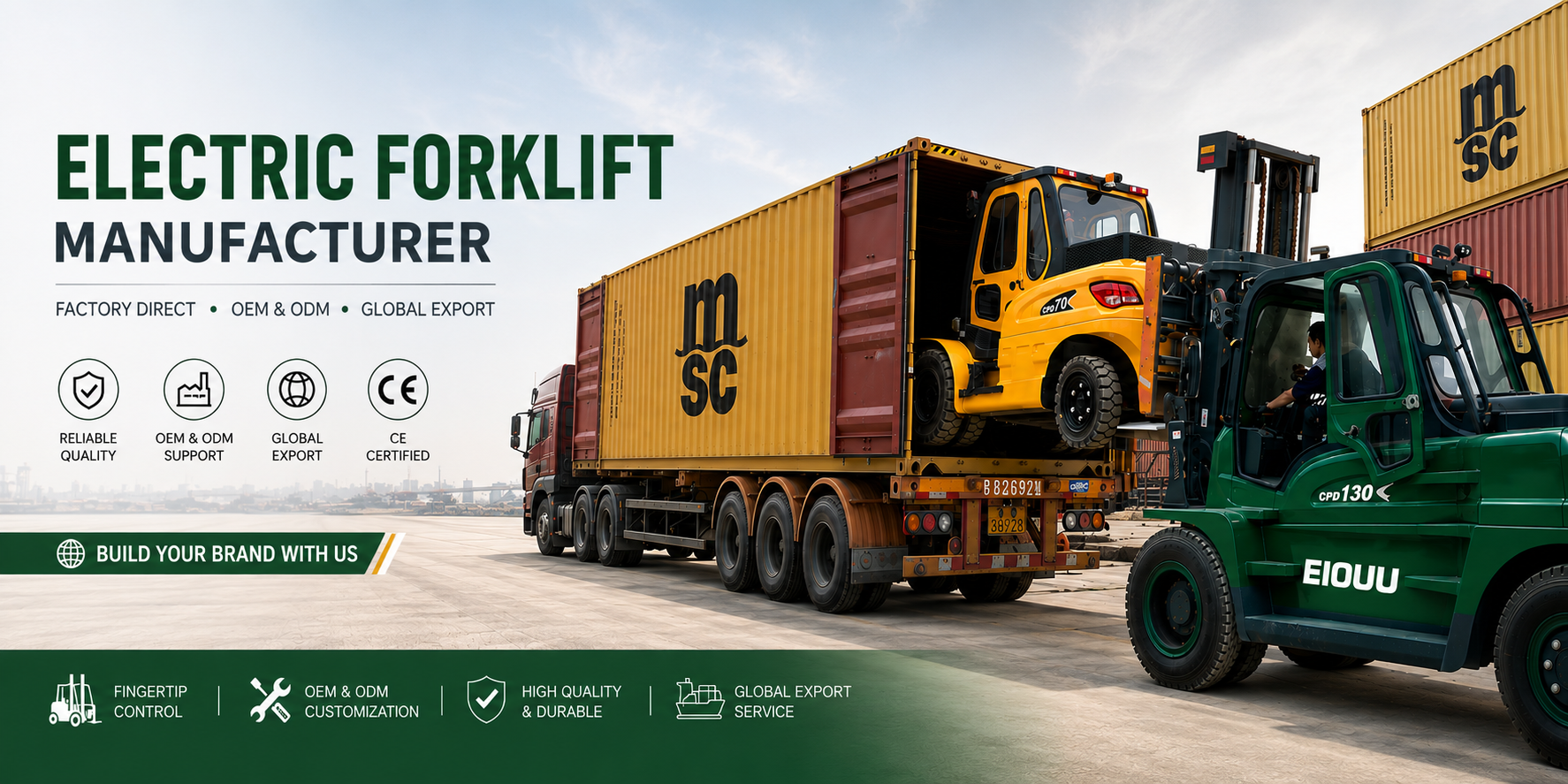 Electric forklift manufacturer offering factory direct forklifts for global export